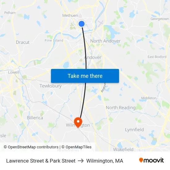 Lawrence Street & Park Street to Wilmington, MA map