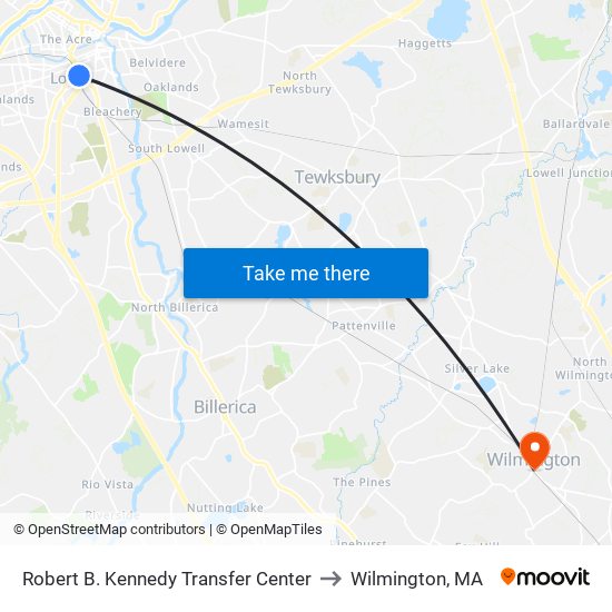 Robert B. Kennedy Transfer Center to Wilmington, MA map