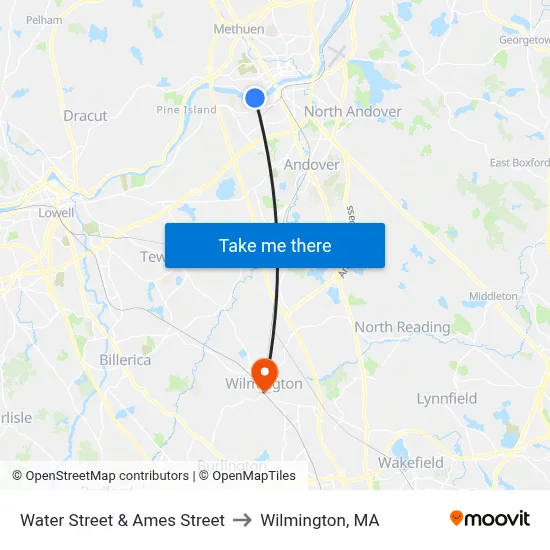 Water Street & Ames Street to Wilmington, MA map