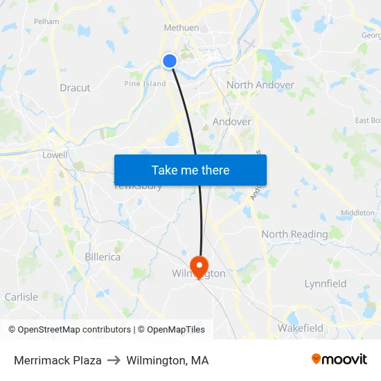 Merrimack Plaza to Wilmington, MA map