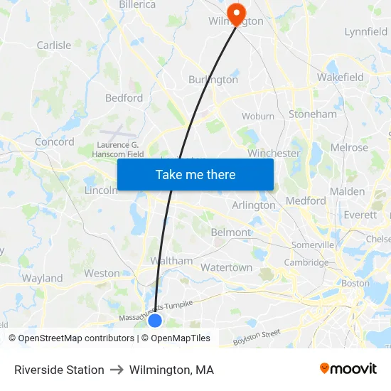 Riverside Station to Wilmington, MA map