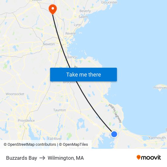 Buzzards Bay to Wilmington, MA map