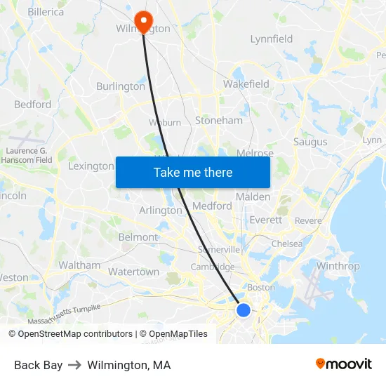 Back Bay to Wilmington, MA map