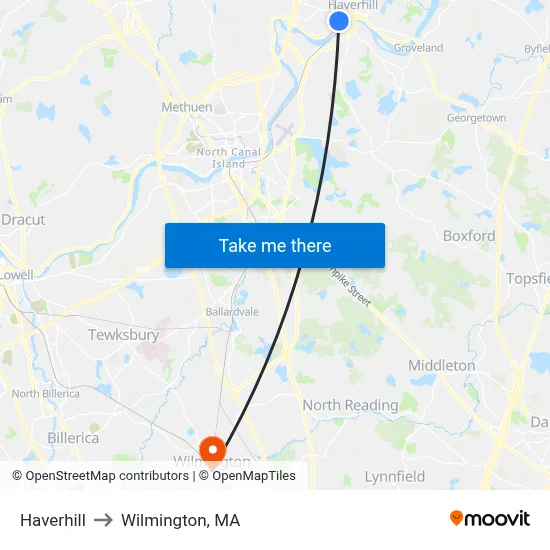 Haverhill to Wilmington, MA map