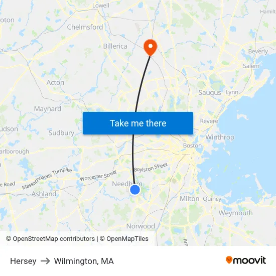 Hersey to Wilmington, MA map