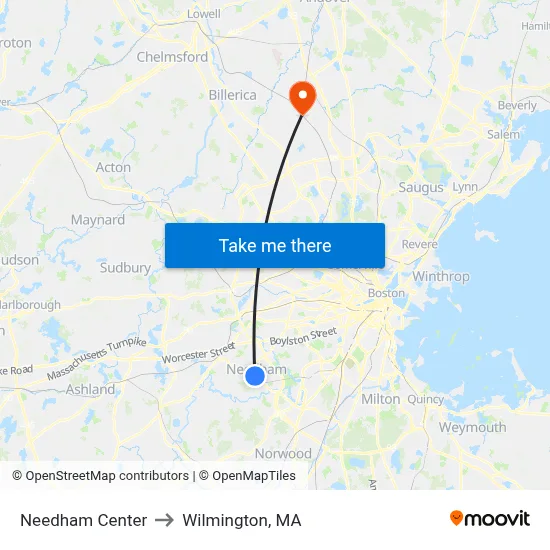 Needham Center to Wilmington, MA map