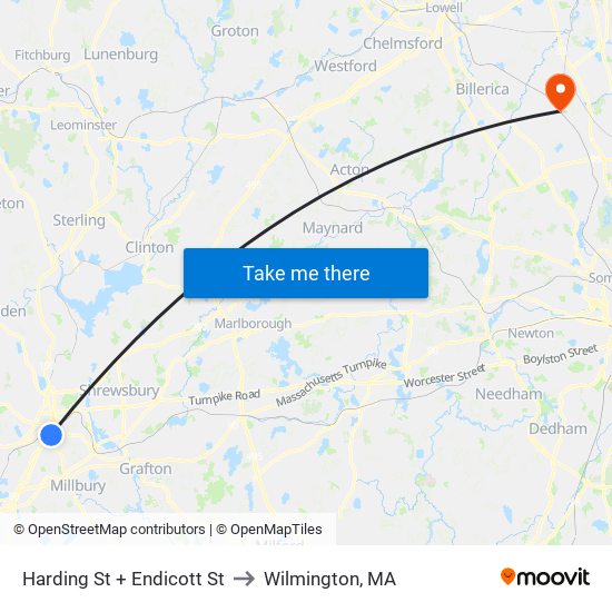 Harding St + Endicott St to Wilmington, MA map