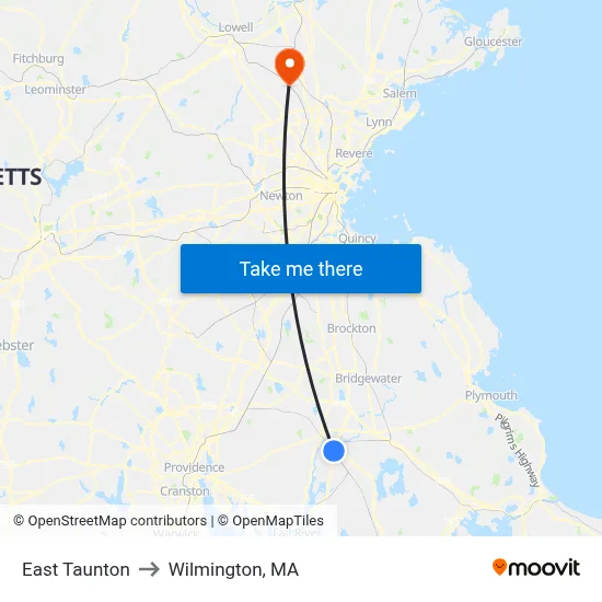 East Taunton to Wilmington, MA map