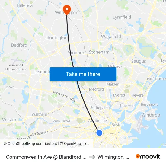 Commonwealth Ave @ Blandford St to Wilmington, MA map