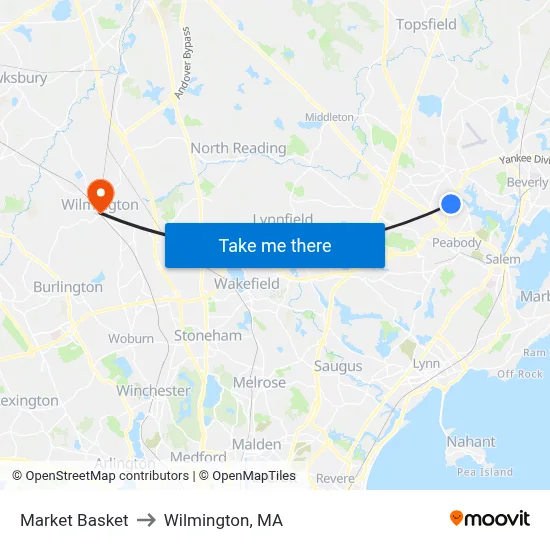 Market Basket to Wilmington, MA map