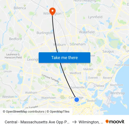 Central - Massachusetts Ave Opp Pearl St to Wilmington, MA map