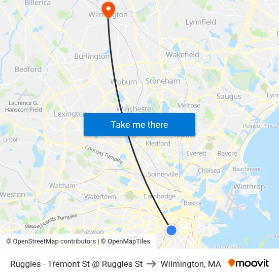 Ruggles - Tremont St @ Ruggles St to Wilmington, MA map
