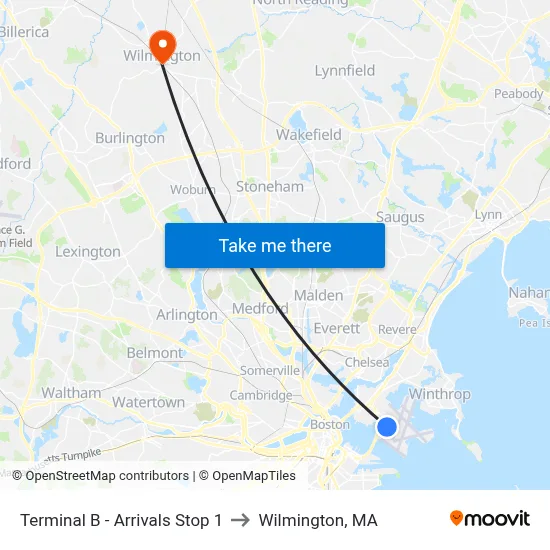 Terminal B - Arrivals Stop 1 to Wilmington, MA map