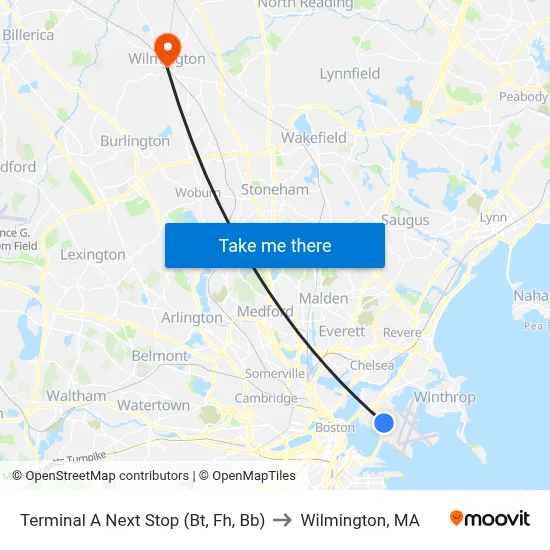 Terminal A Next Stop (Bt, Fh, Bb) to Wilmington, MA map