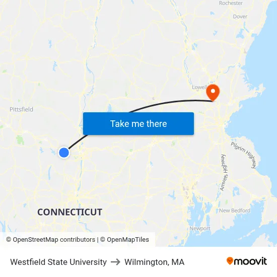 Westfield State University to Wilmington, MA map