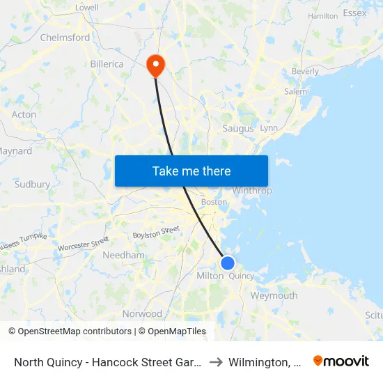 North Quincy - Hancock Street Garage to Wilmington, MA map