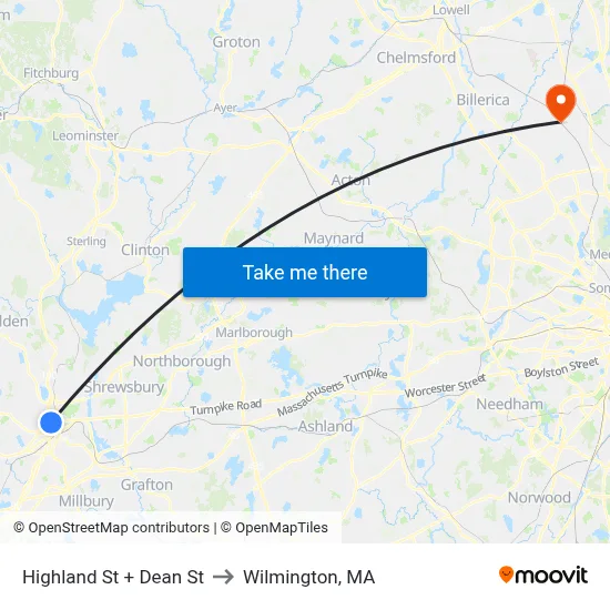 Highland St + Dean St to Wilmington, MA map