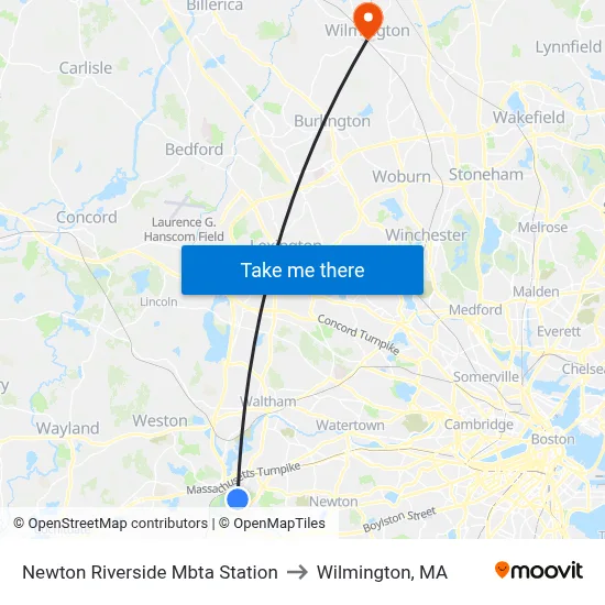 Newton Riverside Mbta Station to Wilmington, MA map