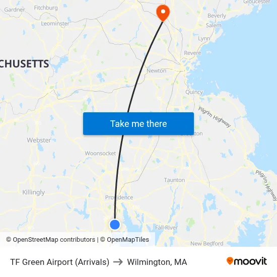TF Green Airport (Arrivals) to Wilmington, MA map