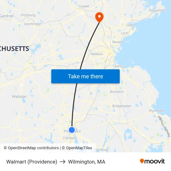 Walmart (Providence) to Wilmington, MA map