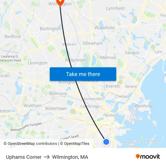 Uphams Corner to Wilmington, MA map