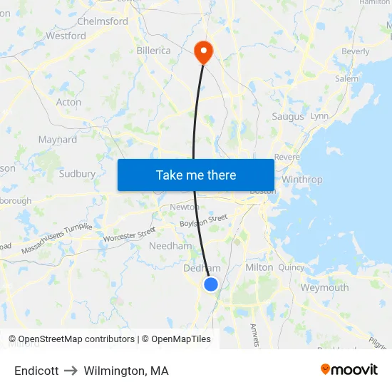 Endicott to Wilmington, MA map