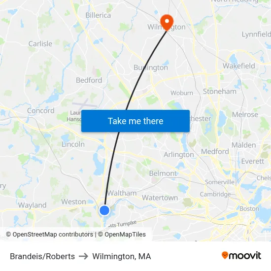 Brandeis/Roberts to Wilmington, MA map