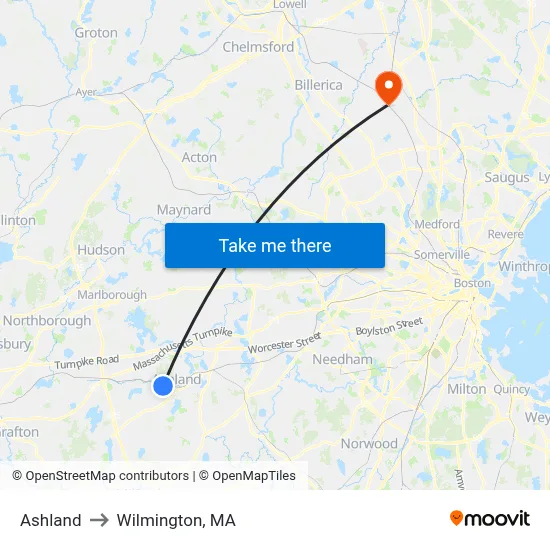 Ashland to Wilmington, MA map
