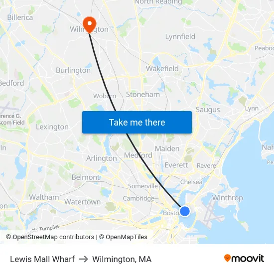 Lewis Mall Wharf to Wilmington, MA map