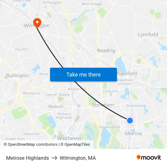 Melrose Highlands to Wilmington, MA map