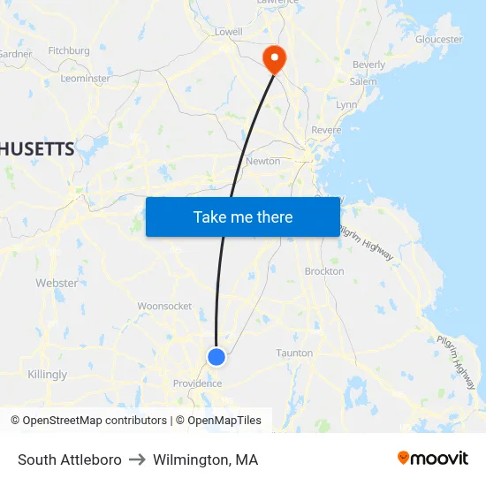 South Attleboro to Wilmington, MA map