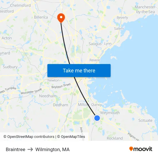 Braintree to Wilmington, MA map