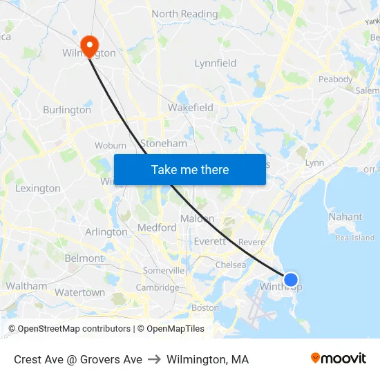 Crest Ave @ Grovers Ave to Wilmington, MA map