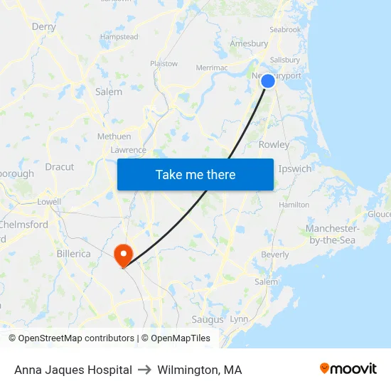 Anna Jaques Hospital to Wilmington, MA map