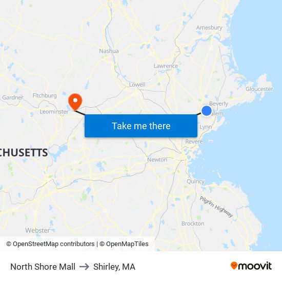North Shore Mall to Shirley, MA map