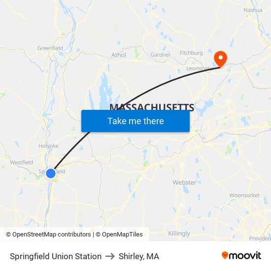 Springfield Union Station to Shirley, MA map