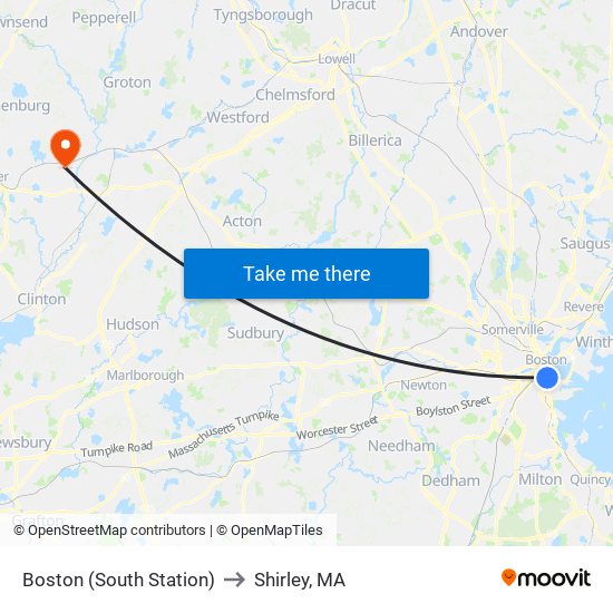 Boston (South Station) to Shirley, MA map