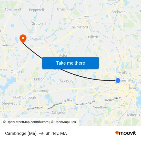 Cambridge (Ma) to Shirley, MA map