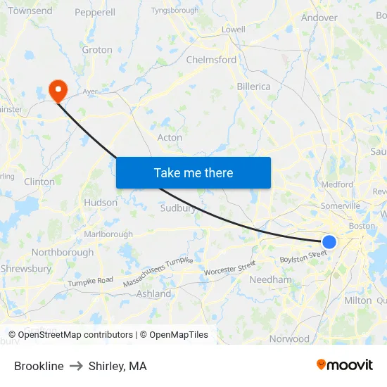 Brookline to Shirley, MA map