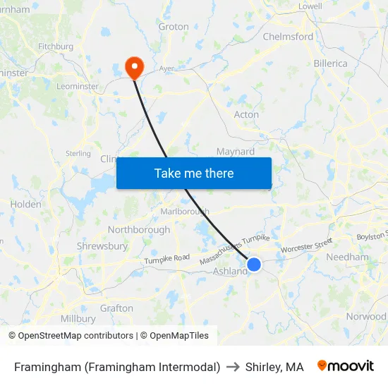 Framingham (Framingham Intermodal) to Shirley, MA map