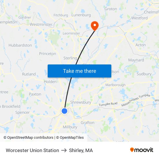 Worcester Union Station to Shirley, MA map