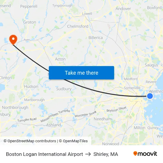 Boston Logan International Airport to Shirley, MA map