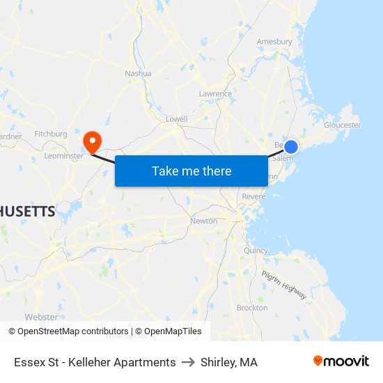 Essex St - Kelleher Apartments to Shirley, MA map