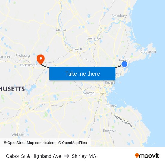 Cabot St & Highland Ave to Shirley, MA map