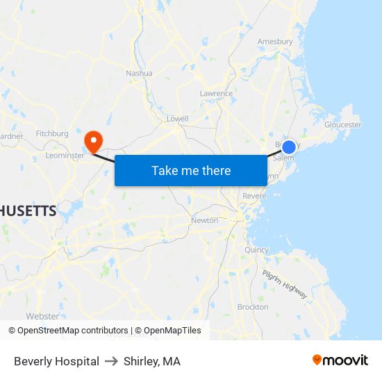 Beverly Hospital to Shirley, MA map