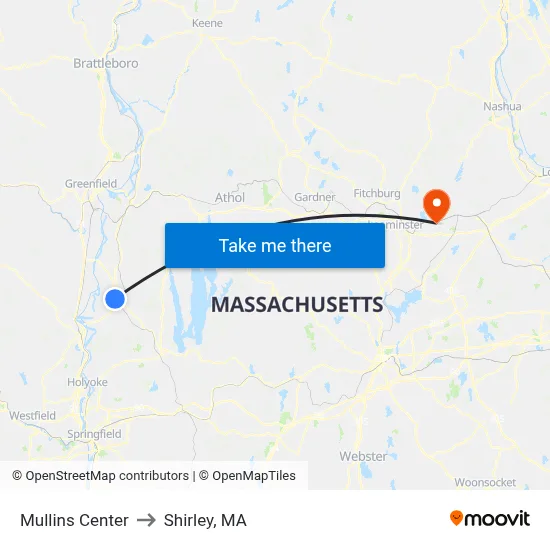 Mullins Center to Shirley, MA map