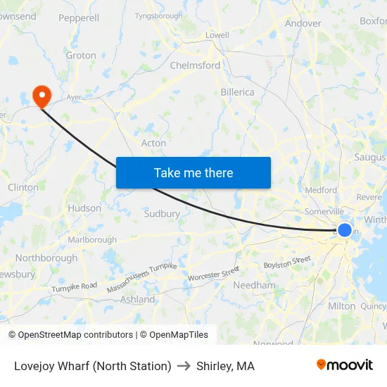 Lovejoy Wharf (North Station) to Shirley, MA map