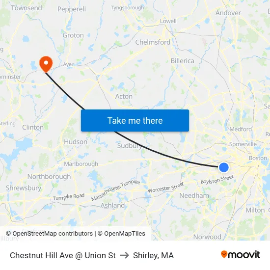 Chestnut Hill Ave @ Union St to Shirley, MA map