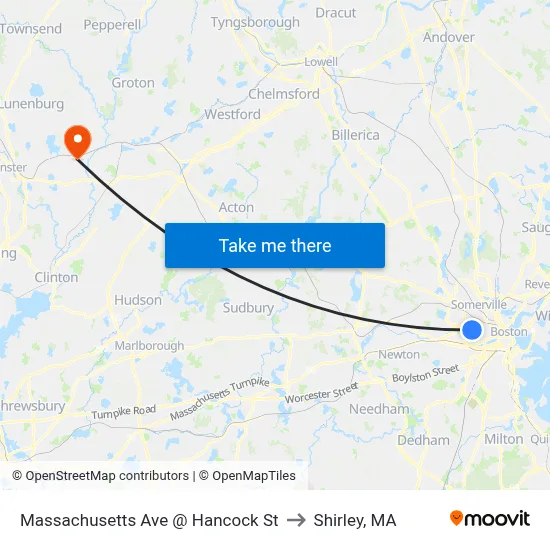 Massachusetts Ave @ Hancock St to Shirley, MA map