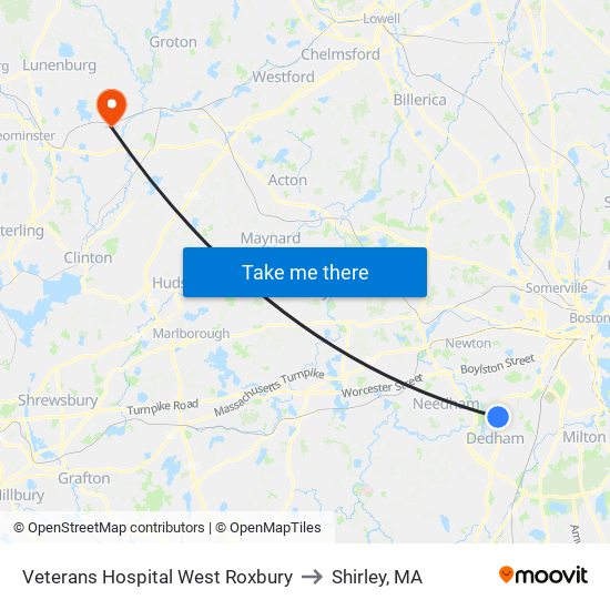 Veterans Hospital West Roxbury to Shirley, MA map